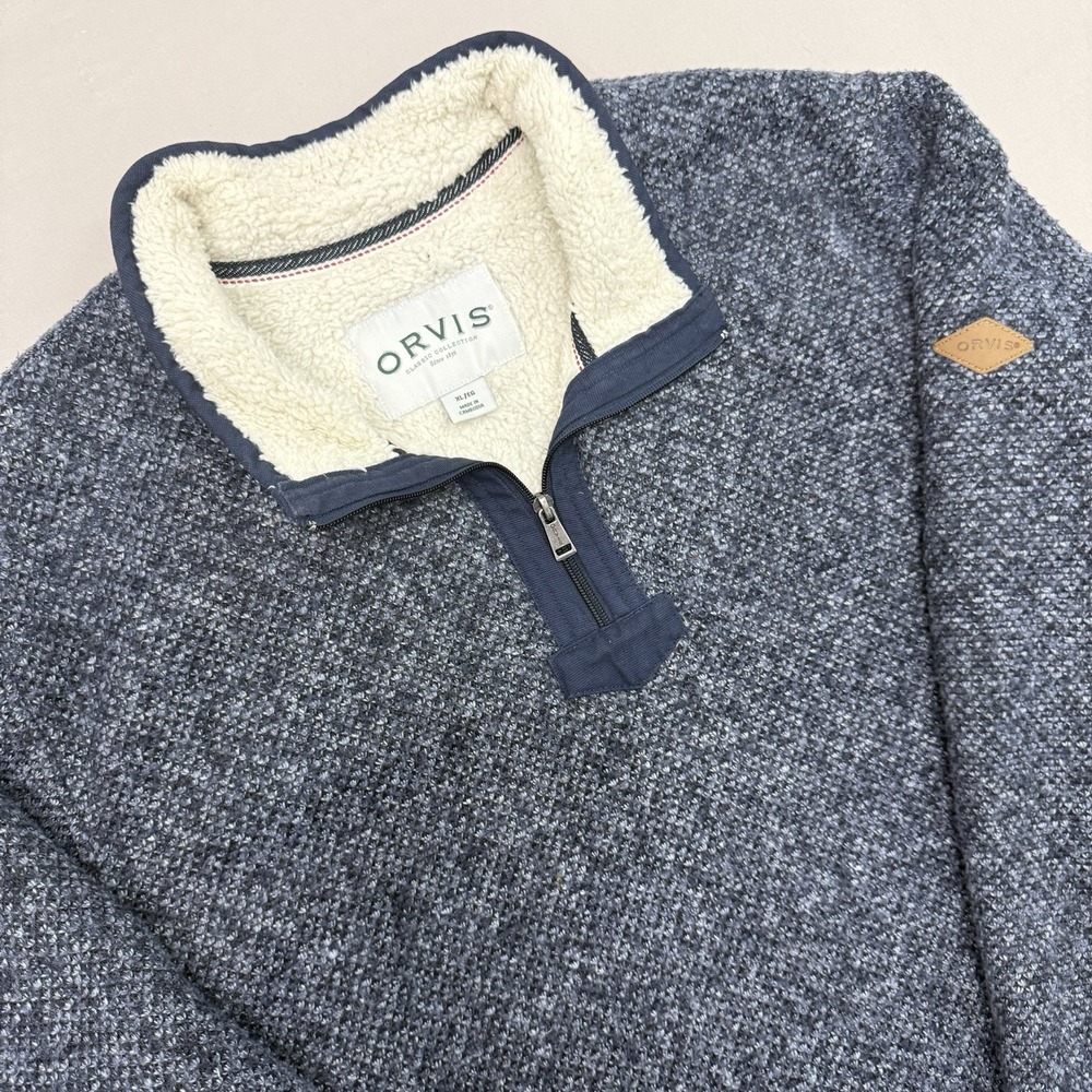 Orvis Sherpa Fleece Pullover XL Mens Blue Quarter Zip Sweater Outdoor Thick